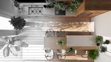 Mimari iç mimar konsepti: elle çizilmiş tamamlanmamış proje gerçek, kentsel orman tarzı, ev bitkileriyle mutfak. Biyofilik konsept. Üst görünüm, plan, yukarıda