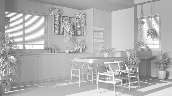 全白工程草案 生物友爱室内设计 木制厨房有许多家居植物 岛上有椅子和器具 城市丛林概念概念 — 图库照片