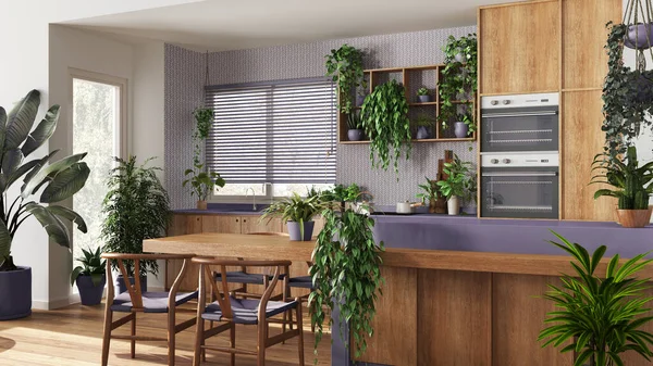 Cozinha Moderna Madeira Tons Brancos Roxos Com Ilha Cadeiras Conceito — Fotografia de Stock