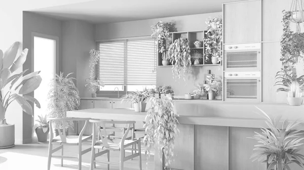 総白のプロジェクトの草案は 島と椅子と近代的な木製のキッチン 好気性の概念は 多くの観葉植物 都会のジャングルインテリアデザイン — ストック写真