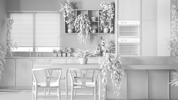 总的白色项目草案 最小的木制厨房与岛屿 椅子和电器 生物嗜好的概念 许多家庭植物 城市丛林室内设计 — 图库照片