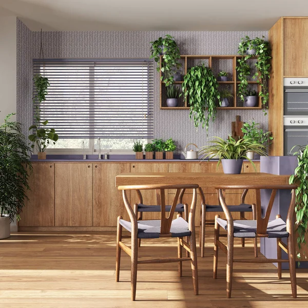Modern Wooden Kitchen White Purple Tones Island Chairs Window Appliances — Stock Photo, Image