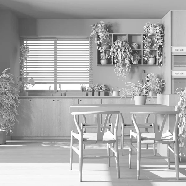 Total white project draft, modern wooden kitchen with island, chairs, window and appliances. Biophilic concept, many houseplants. Urban jungle interior design