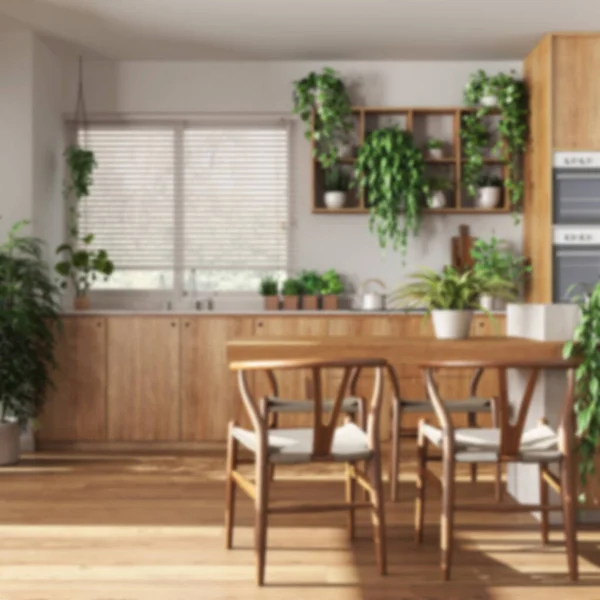 Wazige Achtergrond Moderne Houten Keuken Met Eiland Stoelen Raam Apparatuur — Stockfoto
