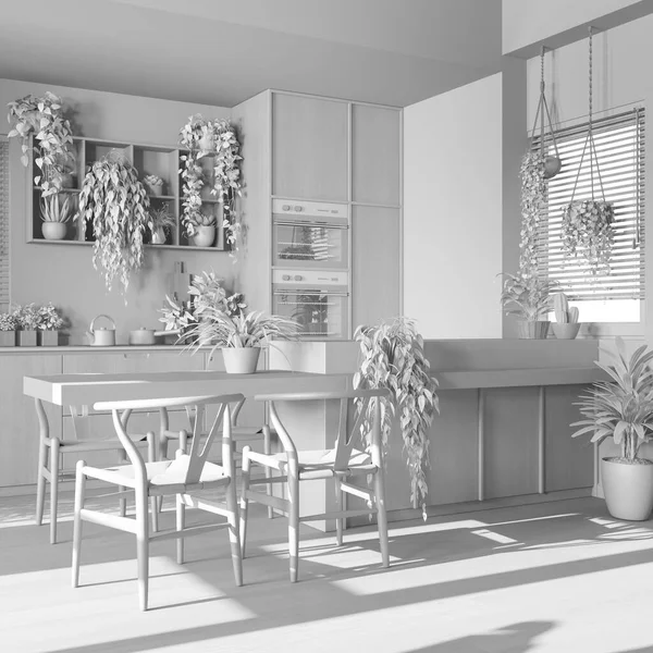 Σύνολο Λευκό Σχέδιο Έργου Ξύλινη Κουζίνα Νησί Και Καρέκλες Ντουλάπια — Φωτογραφία Αρχείου