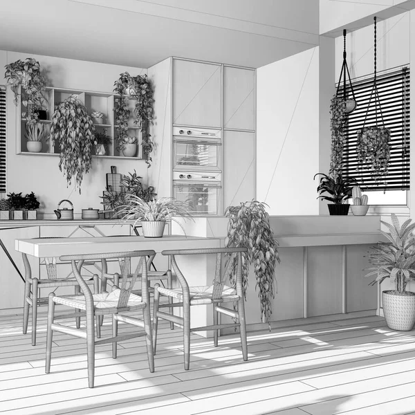 Σχέδιο Ημιτελές Σχέδιο Έργου Ξύλινη Κουζίνα Νησί Και Καρέκλες Ντουλάπια — Φωτογραφία Αρχείου