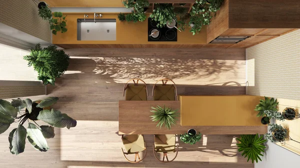 Urbanes Dschungel Interieur Holzküche Weißen Und Gelben Tönen Mit Vielen — Stockfoto