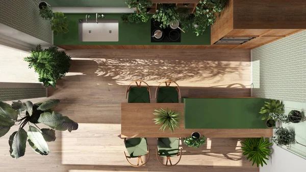 Diseño Interior Selva Urbana Cocina Madera Tonos Blancos Verdes Con —  Fotos de Stock