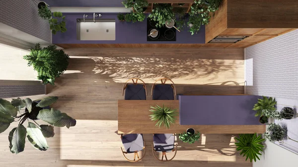 Urban jungle interior design, wooden kitchen in white and purple tones with many houseplants. Island with chairs and appliances. Biophilic concept idea. Top view, plan, above