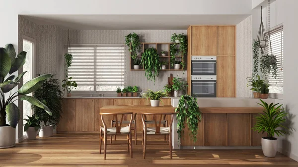 Urban Džungle Design Interiéru Dřevěná Kuchyň Bílém Béžové Tóny Mnoha — Stock fotografie
