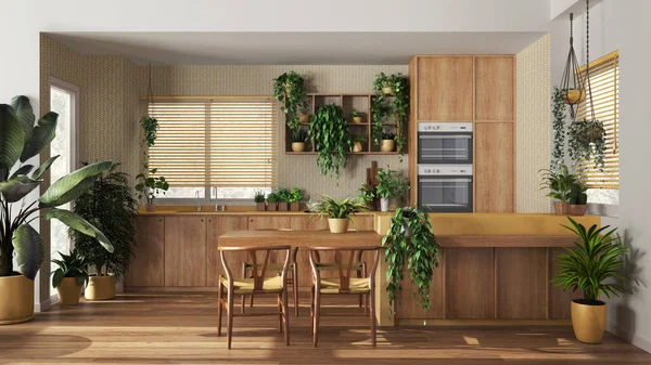 Urban jungle interior design, wooden kitchen in white and yellow tones with many houseplants. Island with chairs and appliances. Biophilic concept idea
