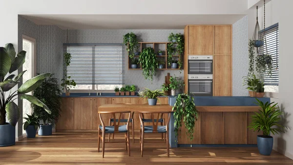 城市丛林室内设计 木制厨房 白色和蓝色色调的许多室内植物 岛上有椅子和器具 生物嗜好概念概念 — 图库照片