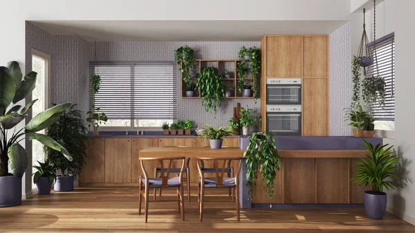 Urban Džungle Design Interiéru Dřevěná Kuchyň Bílém Fialové Tóny Mnoha — Stock fotografie