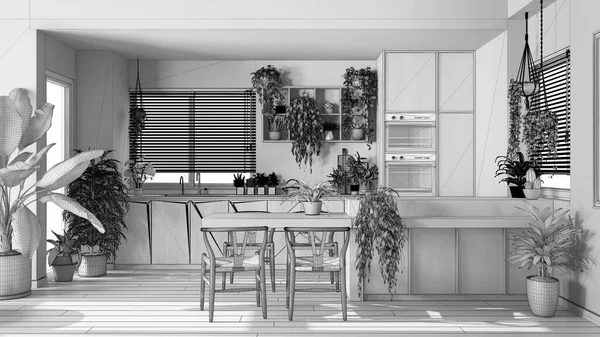 蓝图未完成的项目草稿 城市丛林室内设计 木制厨房和许多室内植物 岛上有椅子和器具 生物嗜好概念概念 — 图库照片