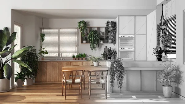 인테리어 디자이너 손으로 미완성 프로젝트는 현실적 도시적 가정용 주방이 생물학적 — 스톡 사진