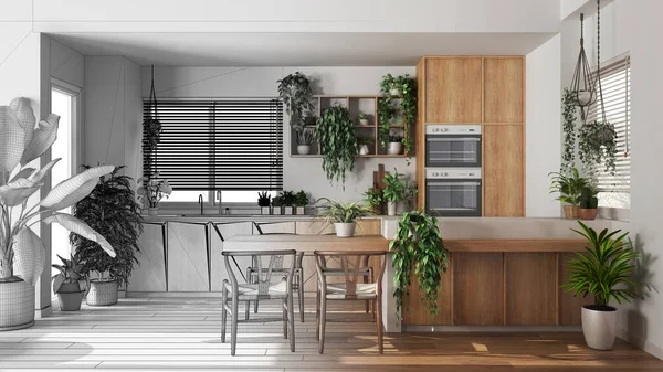 인테리어 디자이너 손으로 미완성 프로젝트는 현실적 도시적 가정용 주방이 생물학적 — 스톡 사진
