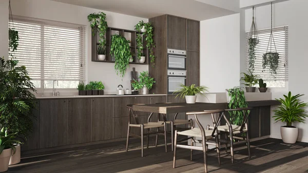 Biophilia interior design, dark wooden kitchen in white and beige tones with many houseplants. Island with chairs and appliances. Urban jungle concept idea