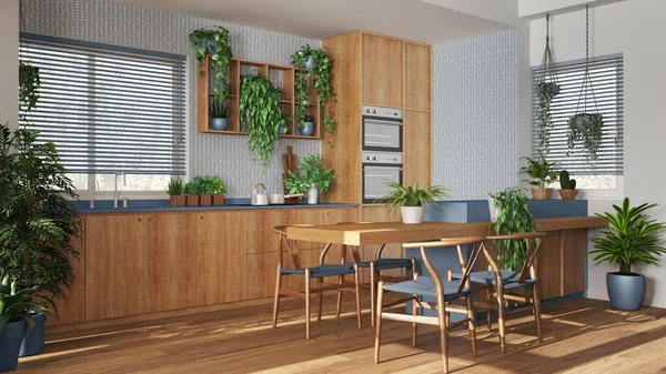 Biophilia Interior Design Wooden Kitchen White Blue Tones Many Houseplants — Stock Photo, Image
