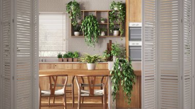 Sürdürülebilir mutfak ve yemek odasındaki beyaz katlanabilir kapı birçok saksı bitkisi, mimar tasarımcısı konsepti, kentsel orman iç tasarımı