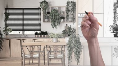 Özel yapım, sürdürülebilir mutfak, masa ve ev bitkileriyle dolu yemek odası. Tamamlanmamış proje mimarisi iç tasarım, şehir ormanı