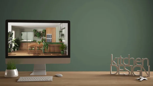 建築家プロジェクトのコンセプト 家の鍵付き木製テーブル 単語キッチンデザインを作る3D文字 インテリアドラフトを示すコンピュータ コピースペースと緑の背景 — ストック写真