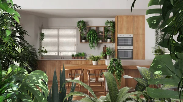 丛林框架 生物嗜好的想法 热带的叶子过了简约的白色厨房和有许多家庭植物的餐厅 城市丛林室内设计 生物癖概念 — 图库照片