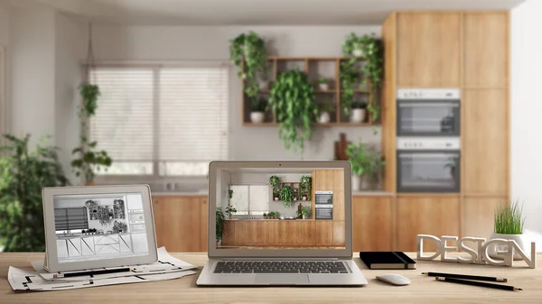 Koncepcja Architektoniczna Biurka Laptop Tablet Drewnianym Biurku Ekranem Pokazującym Projekt — Zdjęcie stockowe