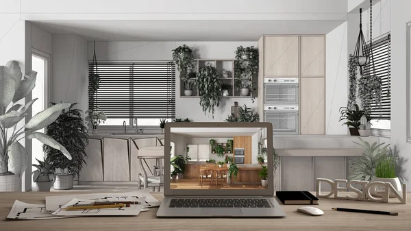 Architekten Design Desktop Konzept Laptop Auf Holzarbeitstisch Mit Bildschirm Der — Stockfoto
