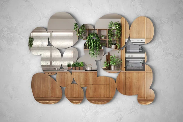 Modern mirror in the shape of pebbles hanging on the wall reflecting interior design scene, kitchen and dining room in urban jungle style, minimalist architect designer concept