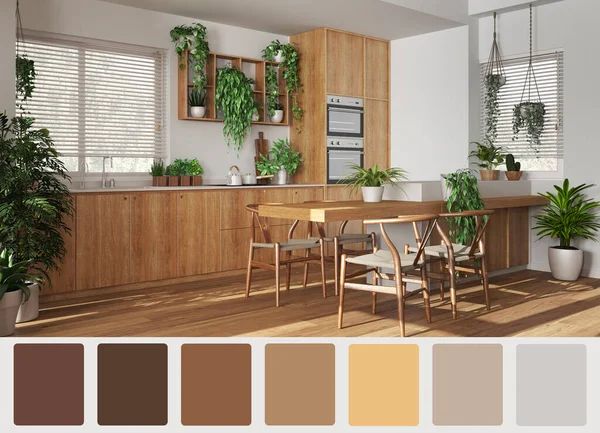 Interior design scene with palette color. Different colors and patterns. Architect and designer concept idea. Modern kitchen and dining room in urban jungle style