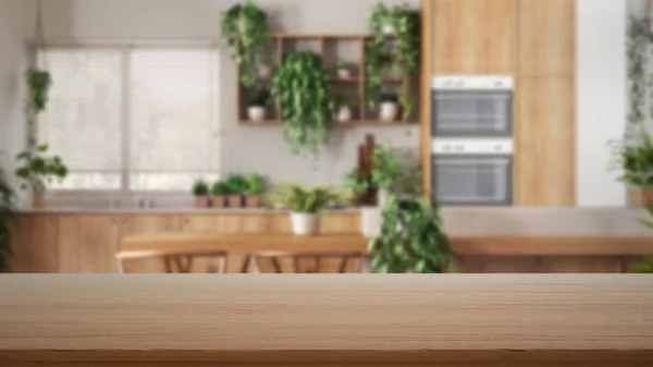 Leerer Holztisch Schreibtisch Oder Regal Mit Verschwommenem Blick Auf Küche — Stockfoto