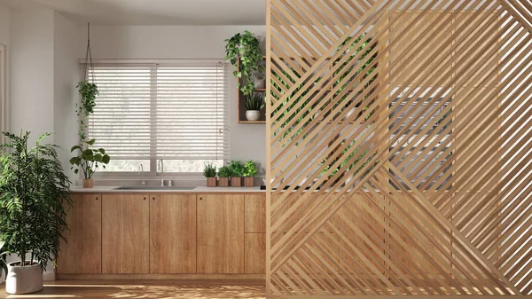 stock image Wooden panel close-up, over cosy wooden sustainable kitchen with appliances and houseplants. Zen interior design concept idea, urban jungle template