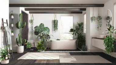 Kentsel orman iç tasarımı, koyu ahşap banyo beyaz ve bej tonlarında birçok ev bitkisi. Serbest banyo küveti ve lavabo. Biyofilik kavram fikri