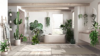 Kentsel orman iç tasarımı, beyazlatılmış ahşap banyo beyaz ve bej tonlarında birçok ev bitkisi. Serbest banyo küveti ve lavabo. Biyofilik kavram fikri