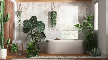 Beyaz ve bej renkte modern ahşap banyo ve serbest banyo küveti. Biyofilik konsept, birçok ev bitkisi. Kentsel orman iç tasarımı