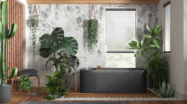 Serbest küvetli, beyaz ve gri tonlarda modern ahşap banyo. Biyofilik konsept, birçok ev bitkisi. Kentsel orman iç tasarımı