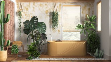 Serbest küvetli, beyaz ve sarı tonlarda modern ahşap banyo. Biyofilik konsept, birçok ev bitkisi. Kentsel orman iç tasarımı