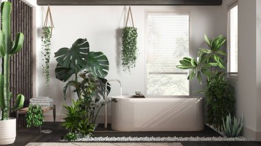 Beyaz ve bej renkte modern siyah ahşap banyo ve serbest banyo küveti. Biyofilik konsept, birçok ev bitkisi. Kentsel orman iç tasarımı