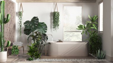 Modern beyazlatılmış ahşap banyo beyaz ve bej renkte ve serbest küvetli. Biyofilik konsept, birçok ev bitkisi. Kentsel orman iç tasarımı