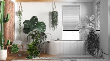 Mimar iç mimar konsepti: el yapımı taslak tamamlanmamış proje gerçek, küvetli modern banyo haline geliyor. Biyofilik konsept, birçok ev bitkisi. Kentsel orman tarzı