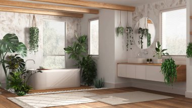 Küvet ve lavabo ile bej renkte modern ahşap banyo. Parke ve halılar. Biyofilik konsept, birçok ev bitkisi. Kentsel orman iç tasarımı