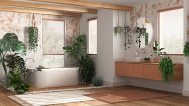 Küveti ve lavabosu olan beyaz ve turuncu renkli modern ahşap banyo. Parke ve halılar. Biyofilik konsept, birçok ev bitkisi. Kentsel orman iç tasarımı