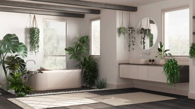 Küvet ve lavabo ile bej renkte modern siyah ahşap banyo. Parke ve halılar. Biyofilik konsept, birçok ev bitkisi. Kentsel orman iç tasarımı