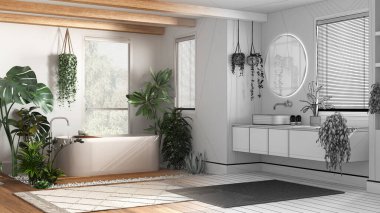 Mimar iç mimar konsepti: elle çizilmiş tamamlanmamış proje gerçek, modern ahşap banyo haline geliyor. Biyofilik konsept, birçok ev bitkisi. Kentsel orman tarzı