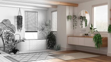 Mimar iç mimar konsepti: elle çizilmiş tamamlanmamış proje gerçek, modern ahşap banyo haline geliyor. Biyofilik konsept, birçok ev bitkisi. Kentsel orman tarzı
