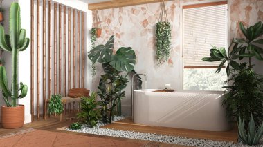 Serbest küvet ve bambu duvarlı, beyaz ve turuncu tonlarda modern ahşap banyo. Biyofilik konsept, birçok ev bitkisi. Kentsel orman iç tasarımı