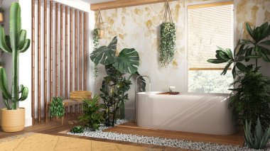 Modern ahşap banyo, beyaz ve sarı tonlarda, serbest küvet ve bambu duvarlı. Biyofilik konsept, birçok ev bitkisi. Kentsel orman iç tasarımı