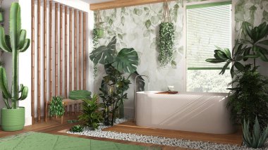 Modern ahşap banyo, beyaz ve yeşil tonlarda, serbest küvetli ve bambu duvarlı. Biyofilik konsept, birçok ev bitkisi. Kentsel orman iç tasarımı