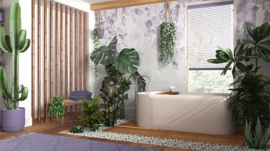 Modern ahşap banyo, beyaz ve mor tonlarda, serbest küvet ve bambu duvarlı. Biyofilik konsept, birçok ev bitkisi. Kentsel orman iç tasarımı