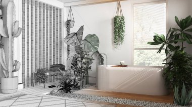Mimar iç mimar konsepti: elle çizilmiş tamamlanmamış proje, banyo ve küvet. Biyofilik konsept, birçok ev bitkisi. Kentsel orman tarzı